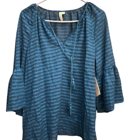 Kensie Women Striped Ruffle-Sleeve Sheer Top Blue Teal Size L NWT - Picture 2 of 9
